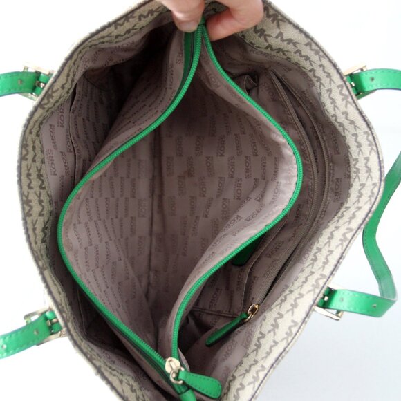 Michael Kors Monogram Canvas Tote Bag with Green Leather Handles - Picture 15 of 16